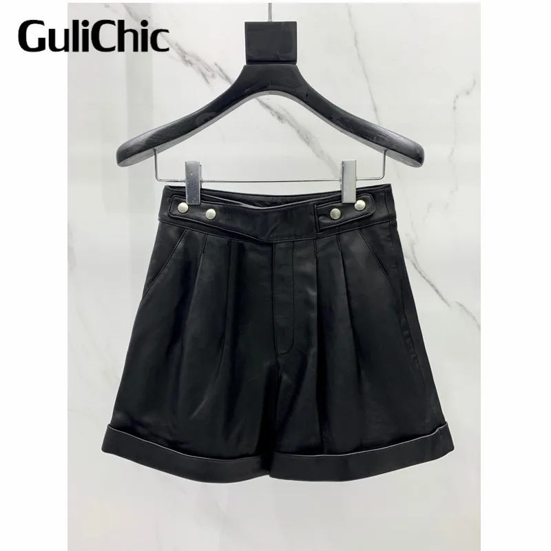 

8.21 GuliChic High Quality Women Fashion High Waist Genuine Leather Black Shorts