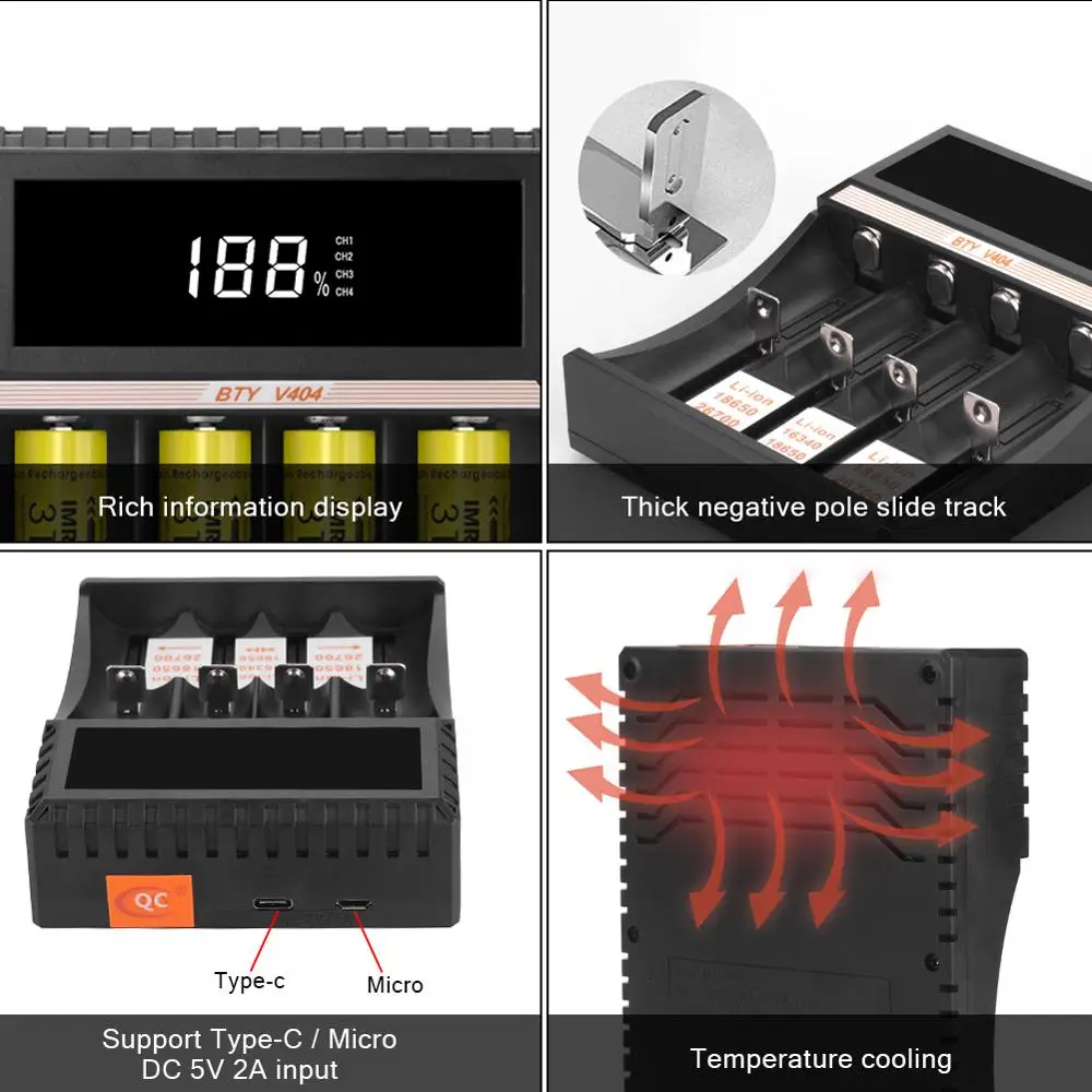 BTY V404 4 лота смарт зарядное устройство для Li ion/IMR/INR/ICR/LiFePO4 10340 26500 26650 CR143 2 литиевая
