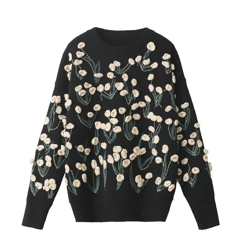 

Handmade three-dimensional flower embroidery sweet sweater women winter warm Thicken Oversize women's pullover