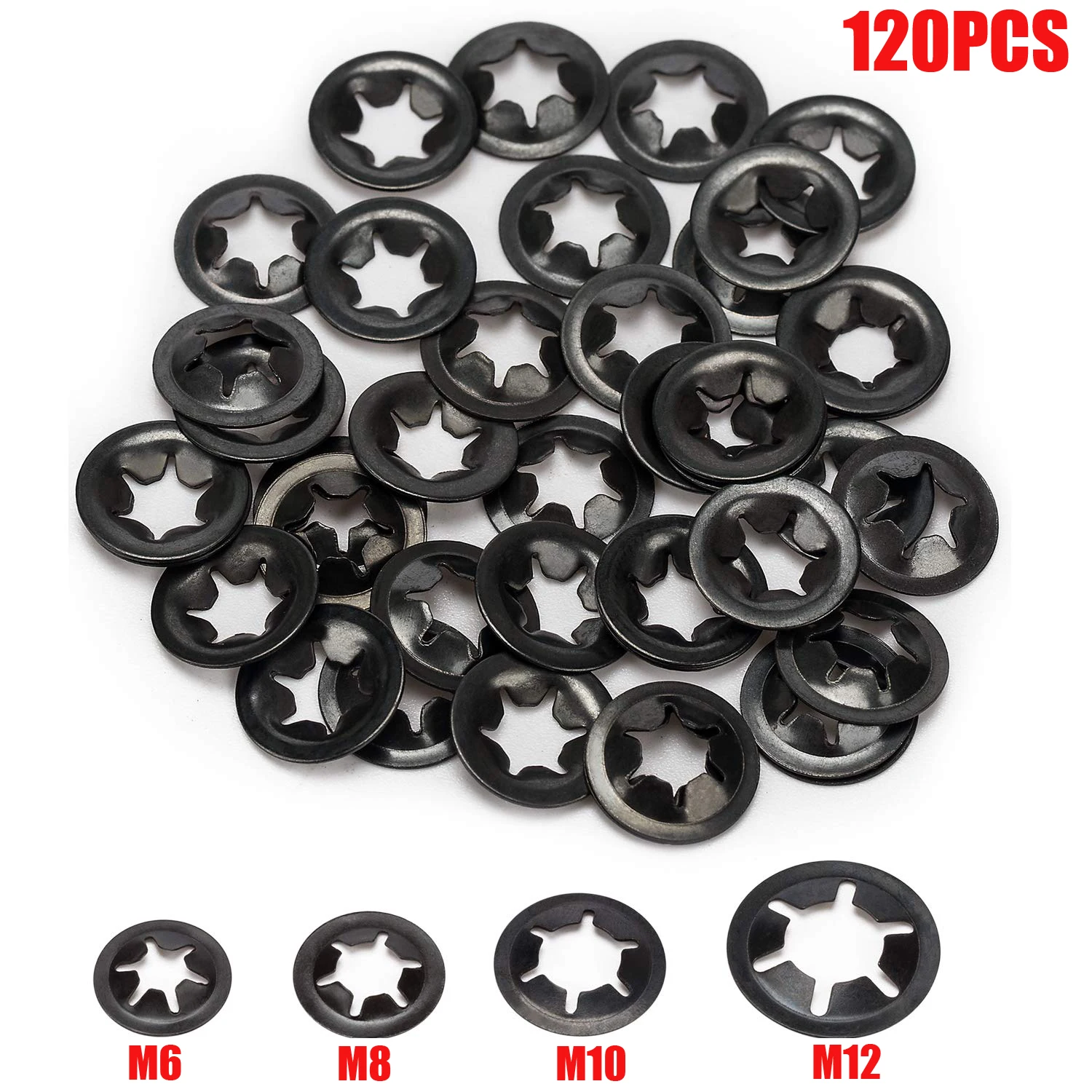 

120Pcs Push-on Locking Washers Star Nut Metal Quick Speed Star Nut Locking Fastener M6/M8/M10/M12 Assorted Kit