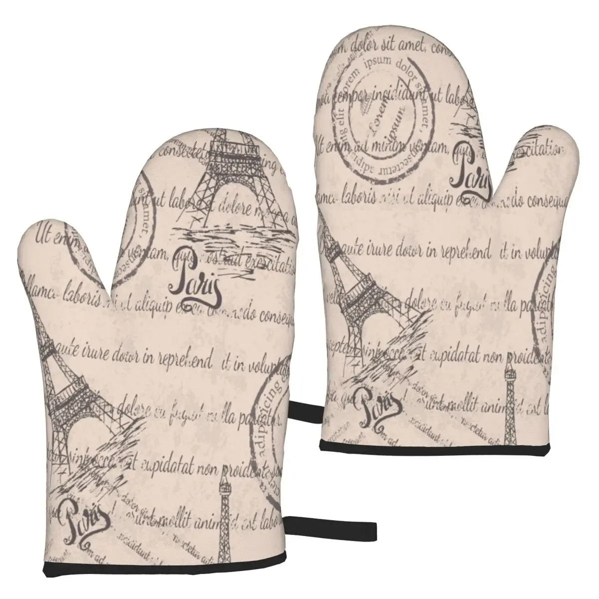 

Kitchen Gloves Insulation Vintage Eiffel Tower Lettering Paris Stamps Cooking Microwave Gloves Baking BBQ Oven Mitts