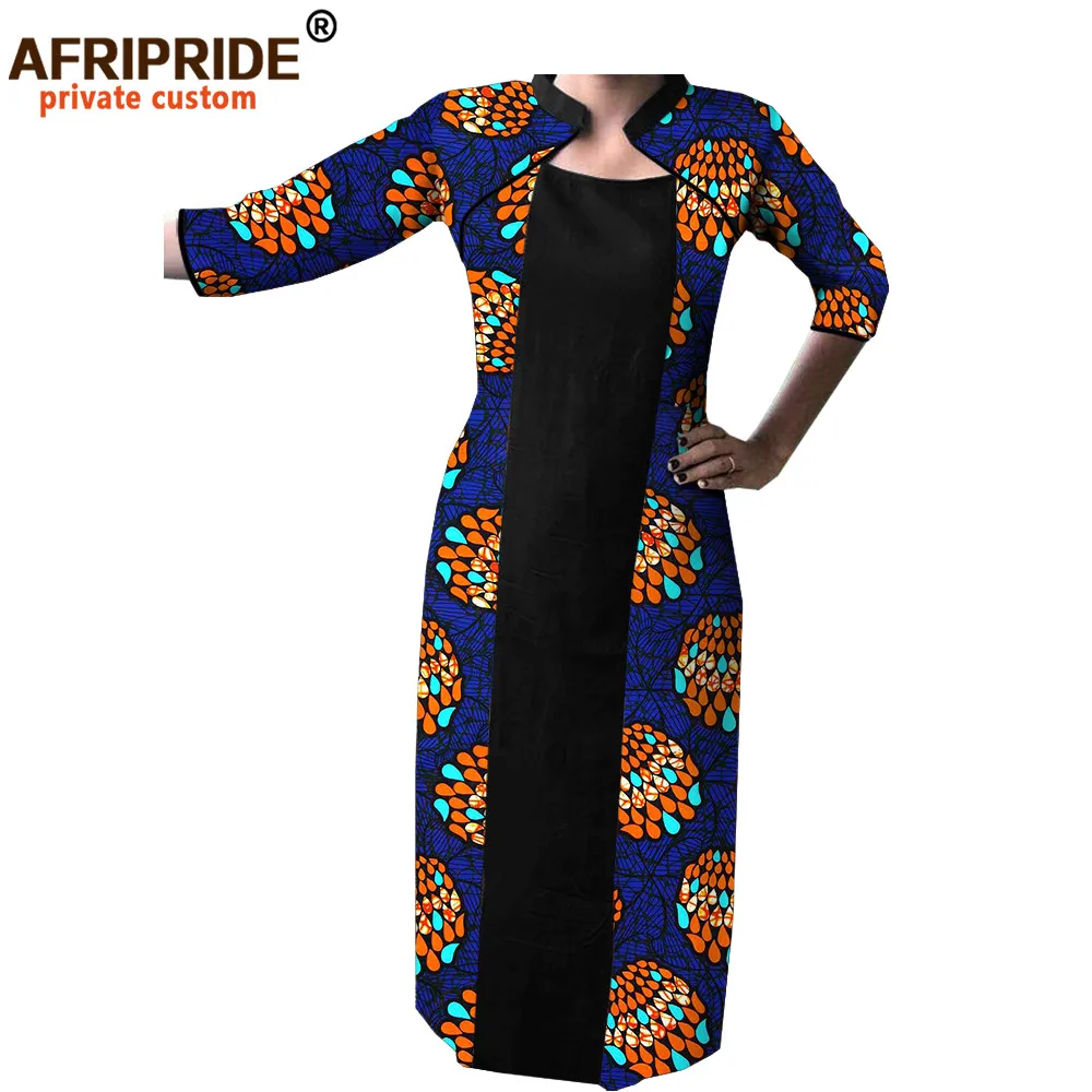 spring african dresses for women AFRIPRIDE three quarter sleeves mid-calf length straight casual cotton dress A7225120 | Женская одежда