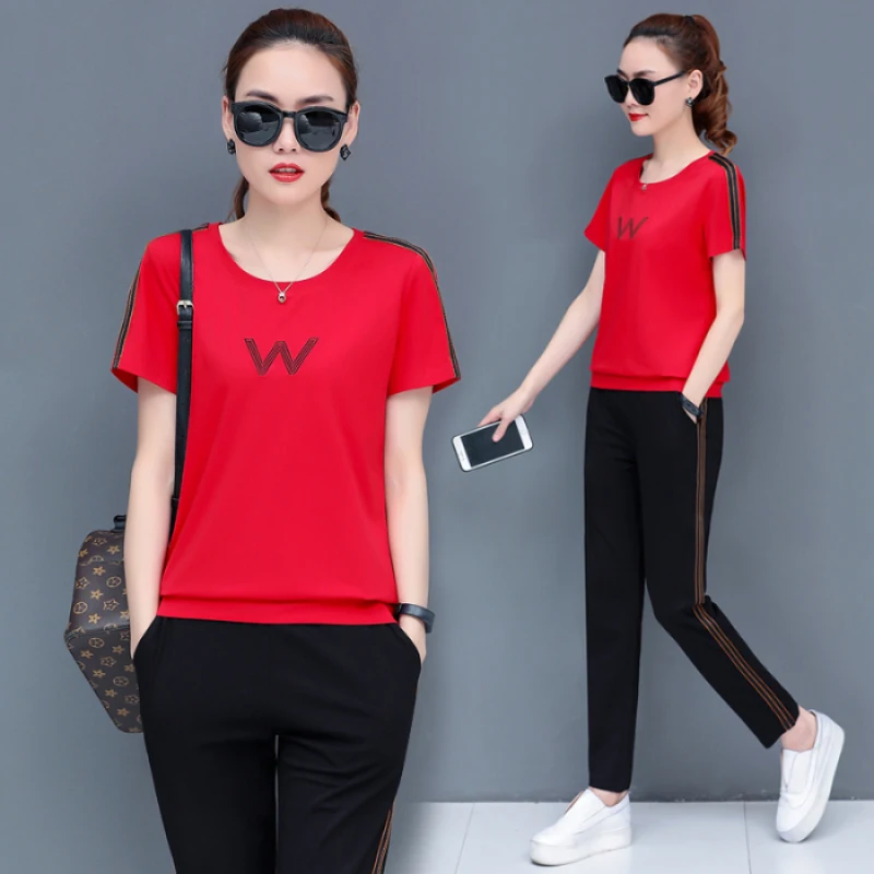 

Хлопковый повседневный комплект из двух предметов, облегающие костюмы с коротким рукавом и укороченными брюками, летняя одежда больших раз...