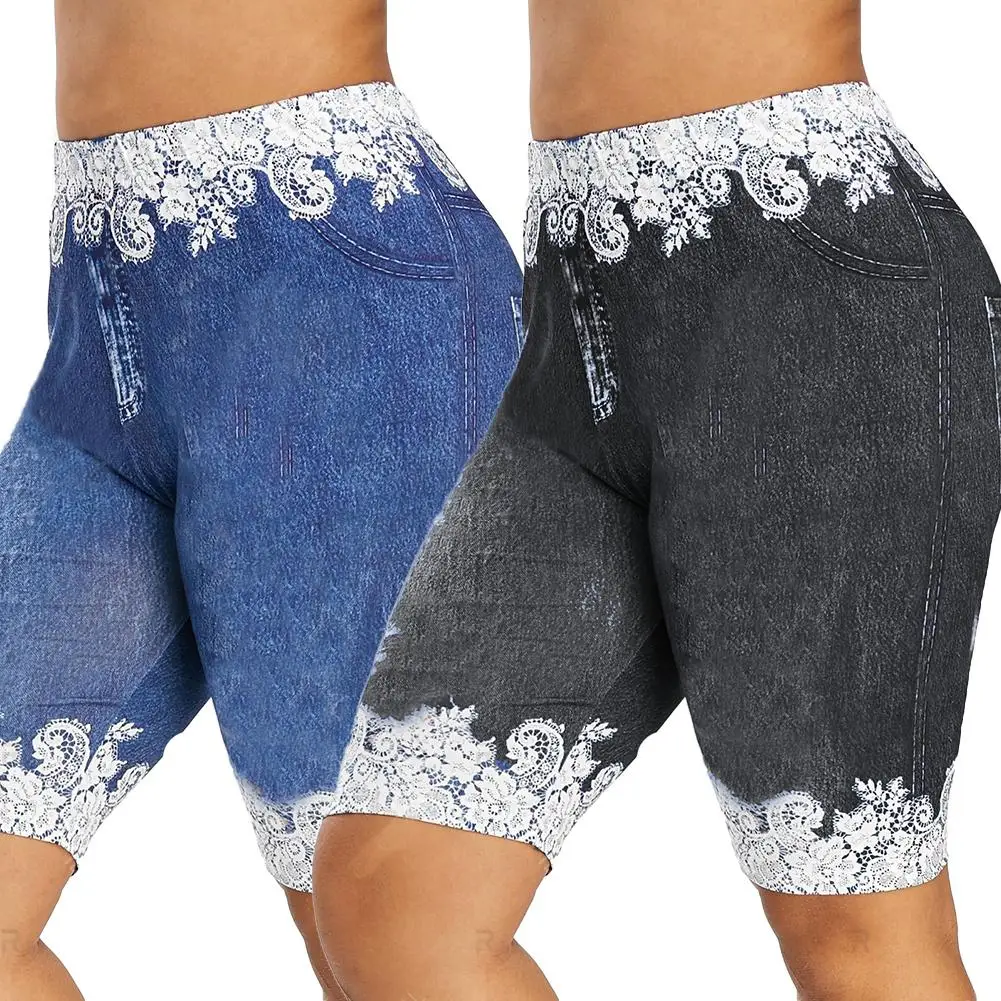 

Women Fashion Lace Patchwork Butterfly Print Short Women Fashion Lace Patchwork High Waist Leggings Denim Shorts Sports Minipant