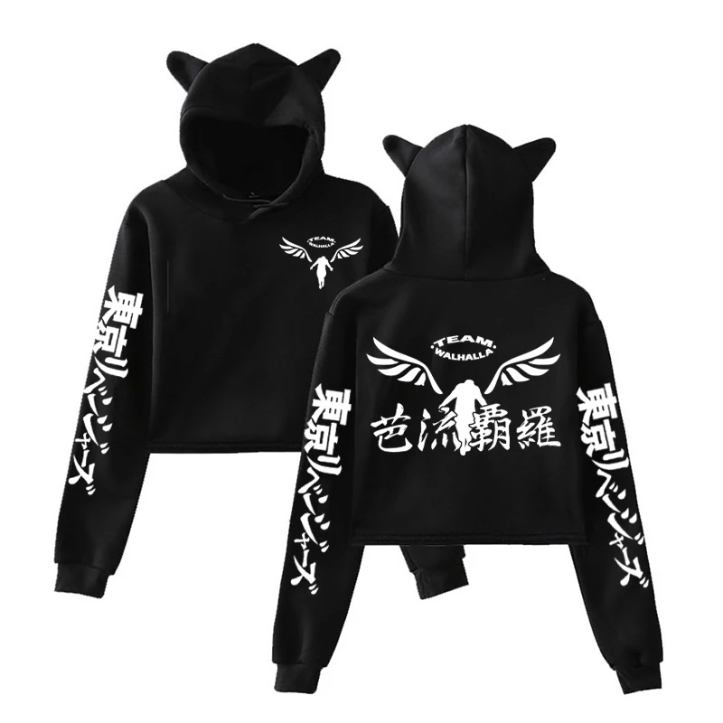 

Japan Anime Tokyo Revengers Cat Ear Hoodies Women Fashion Kawaii Gambar Valhalla Graphic Printed Short Streetwear Hoody For Girl