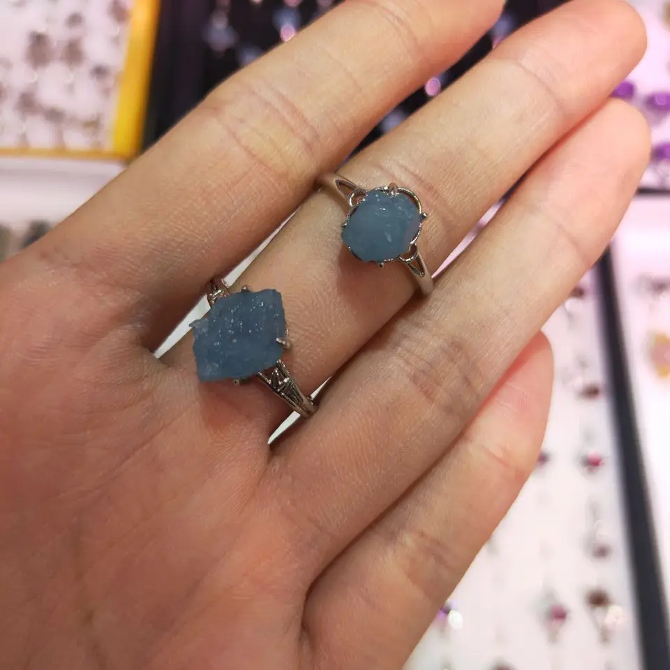 

Natural Crystal Rings for Women Real Stone Blue Quartz Clear Aquamarines Crystal Rings Wedding Jewelry Adjustable