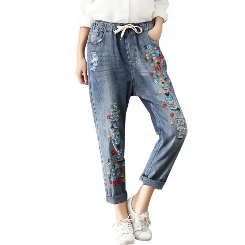 

Vintage Jeans Women With High Waist Elastic Denim Pants Embroidery Boyfriends Jeans Female Streetwear Plus Size Mom Jeans Q2591