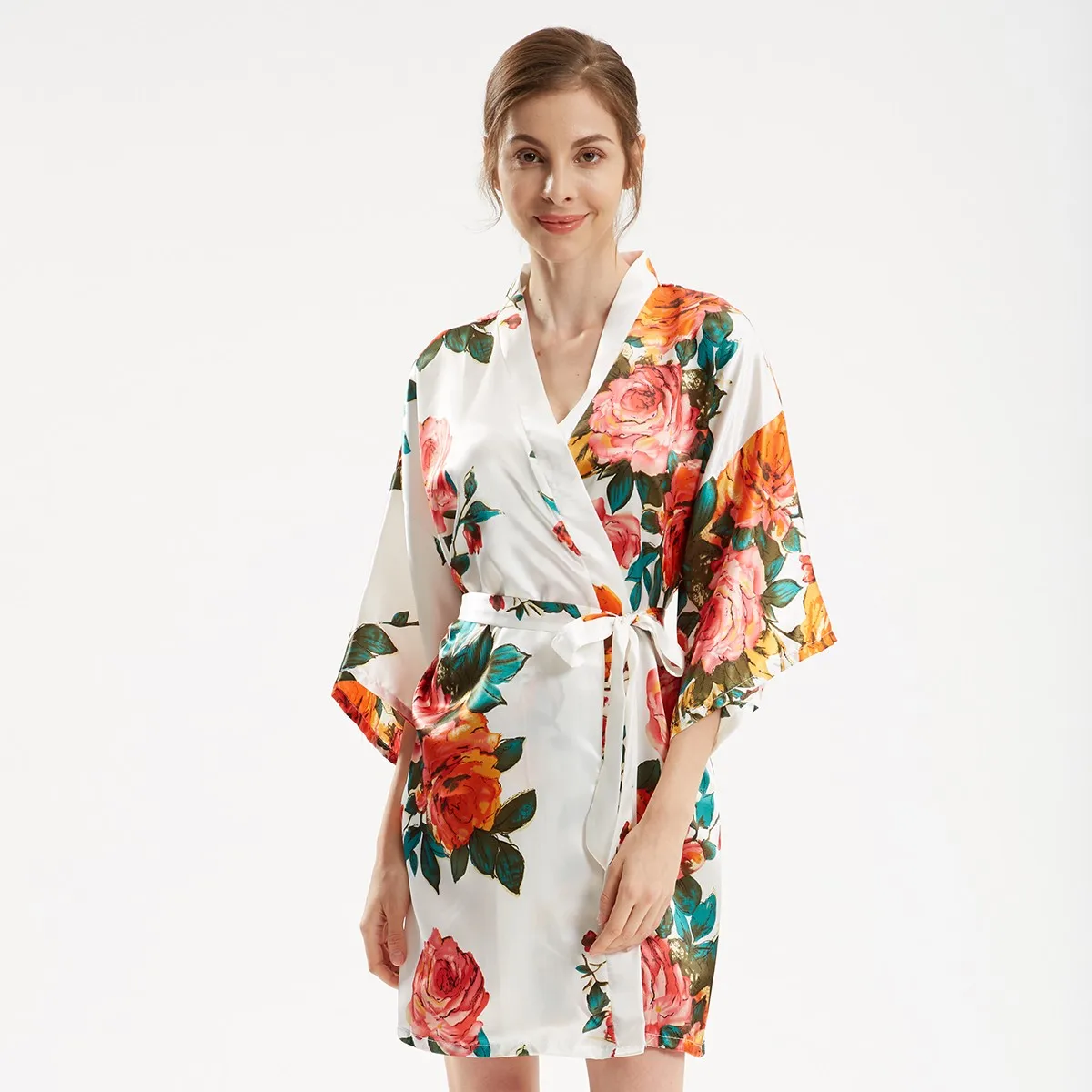 

Women Sleepwear Satin Print Flower Nightwear 2021 New Kimono Gown Silky Bride Bridesmaid Wedding Robe Oversize Intimate Lingerie