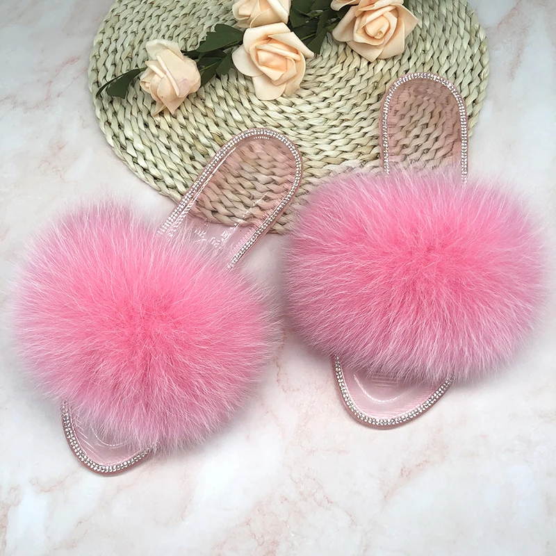 Summer Jelly Shoes Plush Fur Slippers Women Real Fox Slides Outdoor Flat Sandals Big Size For Flip Flops | Обувь
