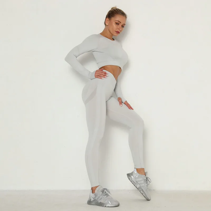 

Women 2pcs Seamless Yoga Set Sport Suit Gymwear Workout Clothes Long Sleeve Gym Crop Top High Waist Leggings Fitness Sports Wear