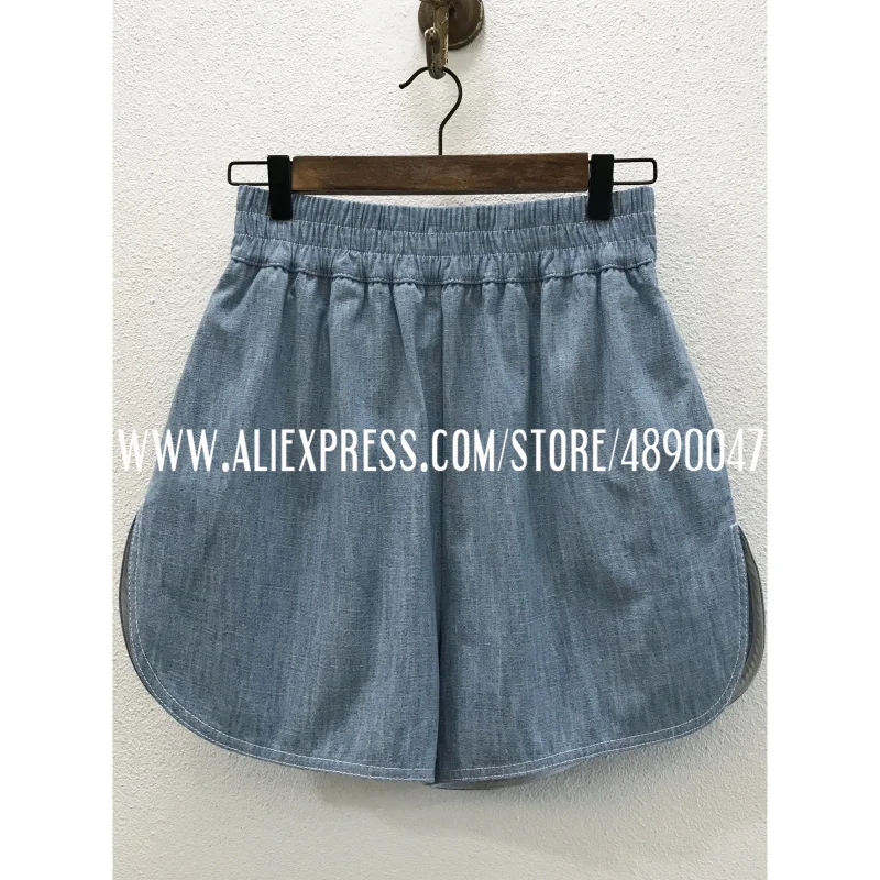 

Women's new thin denim cotton shorts embroidery elastic waist wide-leg pants ladies spring and summer casual pants