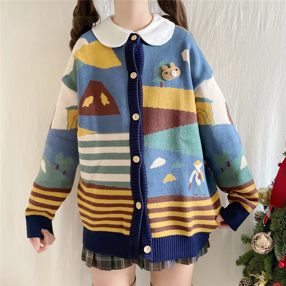 

Loose Lazy Style Female Autumn and Winter Childlike Soft Girl Student Cartoon Print Knitted Cardigan Sweater Coat