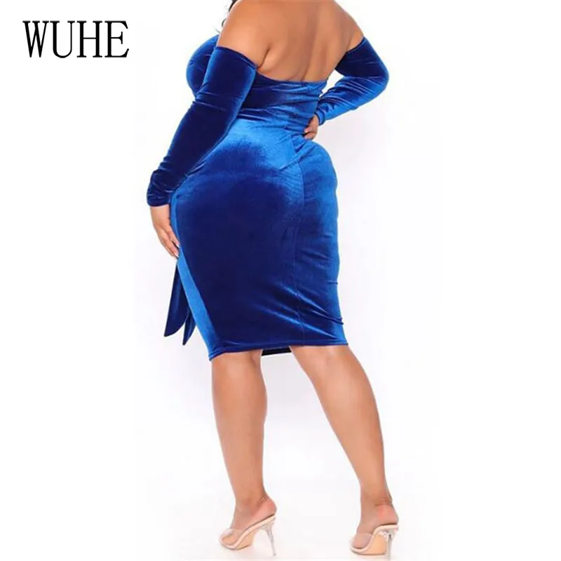 

WUHE Elegant Vintage Velvet Plus Size Dress Sexy Slash Neck Long Sleeve Sashes Lace Up Backless Skinny Party Nightclub Bodycon