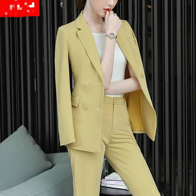 

2021 Women Autumn Winter Elegant Suit Lady Button Notched Blazer & Straight Pant Set Female Solid Slim Casual Pant 2 Pcs Set E32
