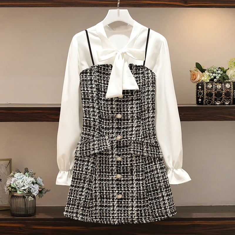 White and Black L-4XL Плюс размер женское платье из двух частей осень мода лук с длинным рукавом белые рубашки и роскошные твидовые облегающие Мини платья - Цвет: White and Black