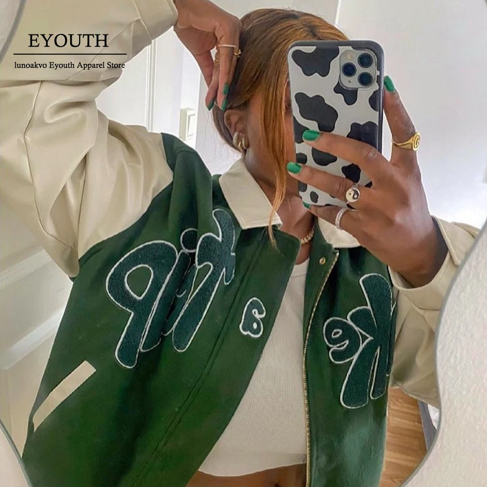 

2021 Autumn 'TAKE A TRIP' Bomber Jacket Women Grass Green Contrast Sleeve Bomber Jacket with Letter Applique Baseball Jacket
