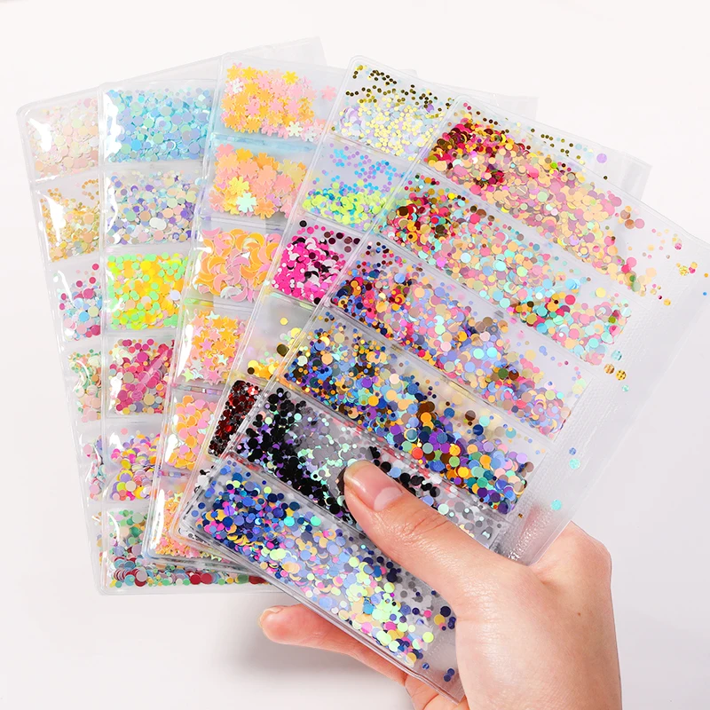 Смешанный Блестящий Порошок для ногтей 6 ячеек/пакет Радужные Блестки