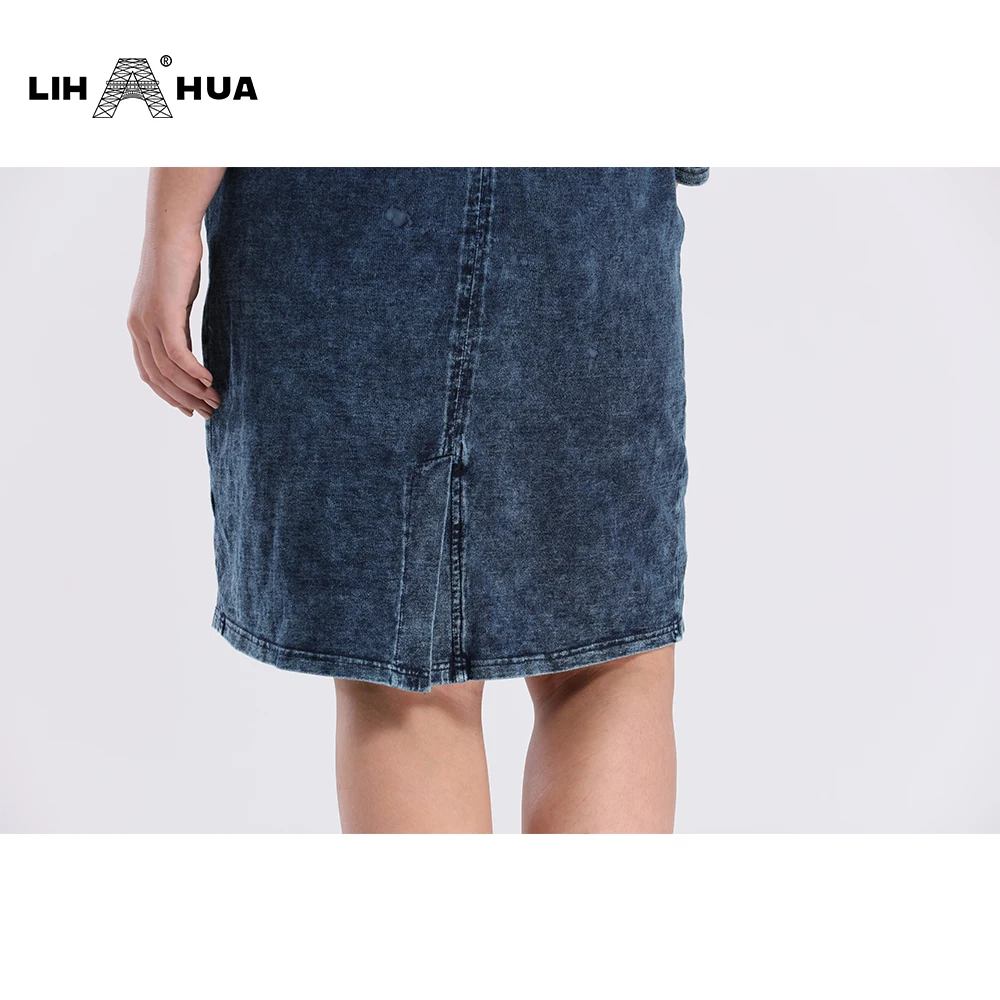 

LIH HUA Women's Plus Size Denim Dress Elasticity Knitted Denim Dresses Slim Fit Casual Dress Knee-Length Midi Dress