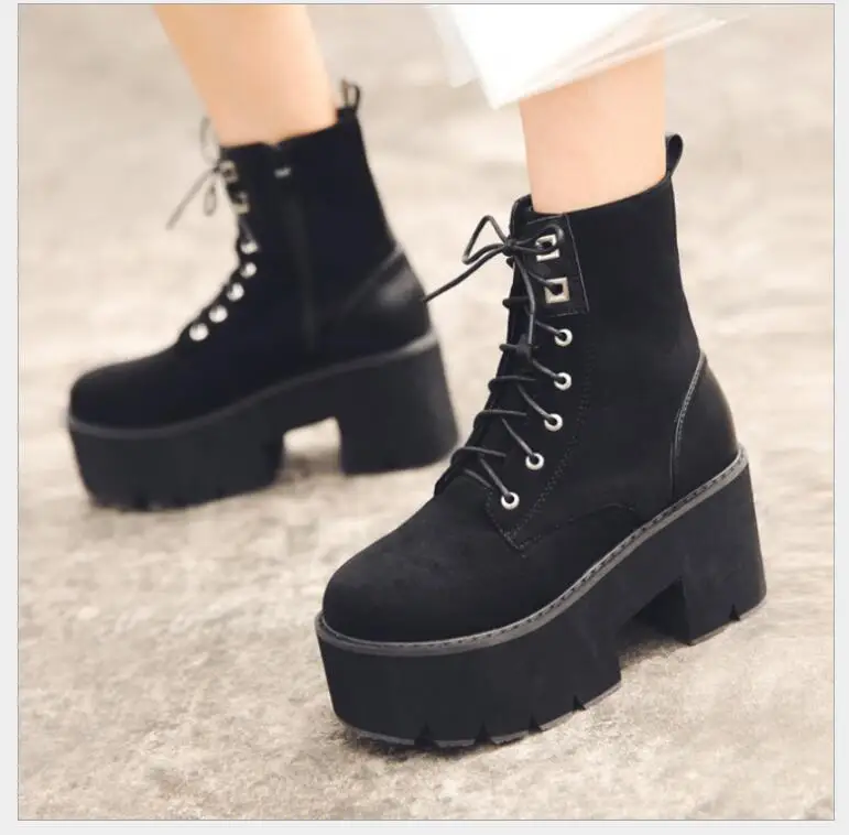 

New Platform high heel suede lace Up Ankle Boots Suede Leather women Flat platform Short Boots Ladies shoes fashion Autumn boots
