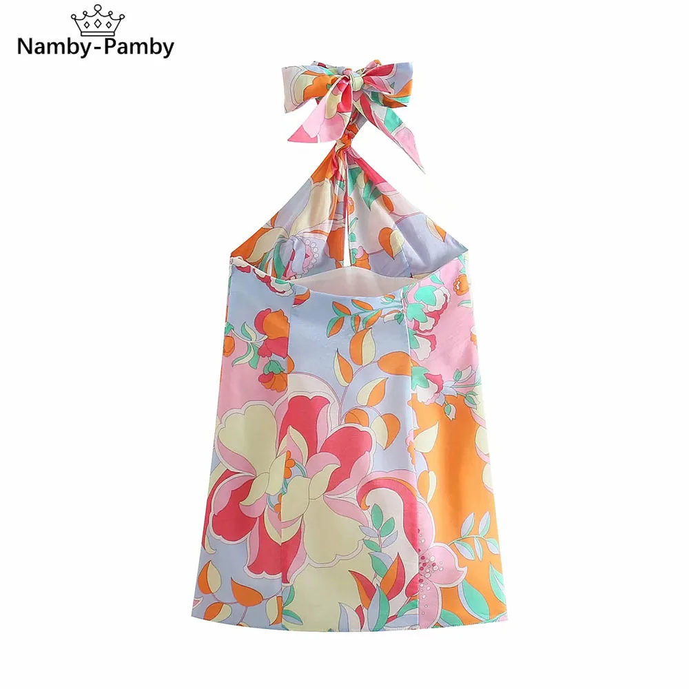 

2021 Summer Women Print Backless Thin Slim Halter Mini Dress Female Streetwear Vintage dresses Ladies Sleeveless Dress