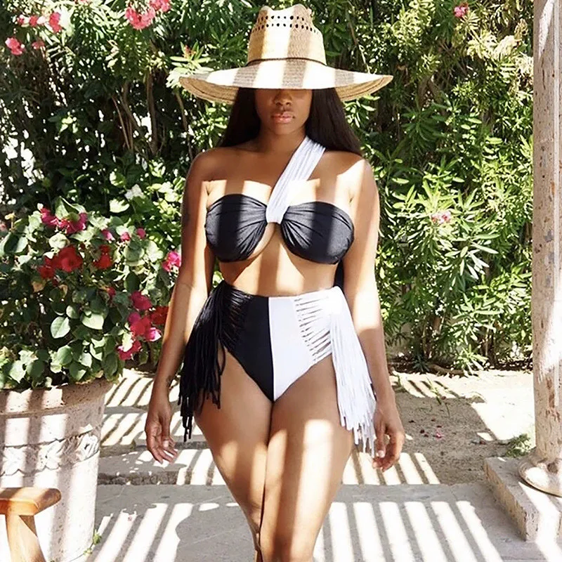 

hirigin Bikini Beach Two Piece Patchwork Color Matching Off Shoulder Top+Hollow Out Bandage Pants Sexy Holiday Casual Swimsuits