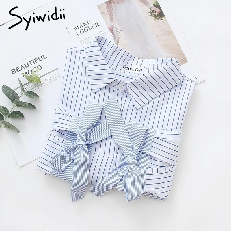 Женская блузка с бантом Syiwidii небесно голубой и белый полосатый топ длинными