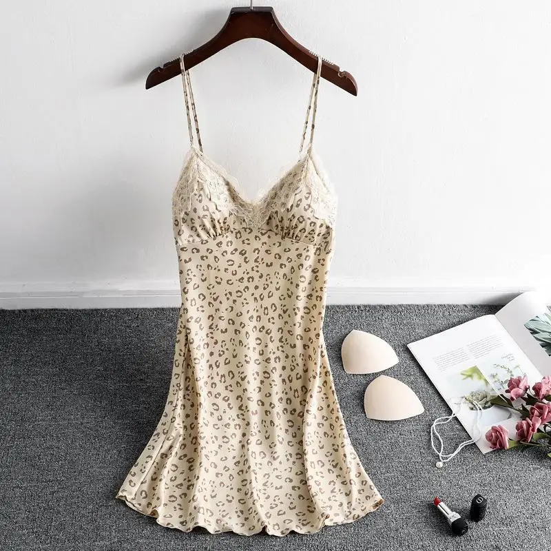 

Nightgowns Women Leopard Lace Mini Lounge Sleeping Female Sexy Fashion Korean Style Sleeveless Spaghetti Strap Summer Chic Ins