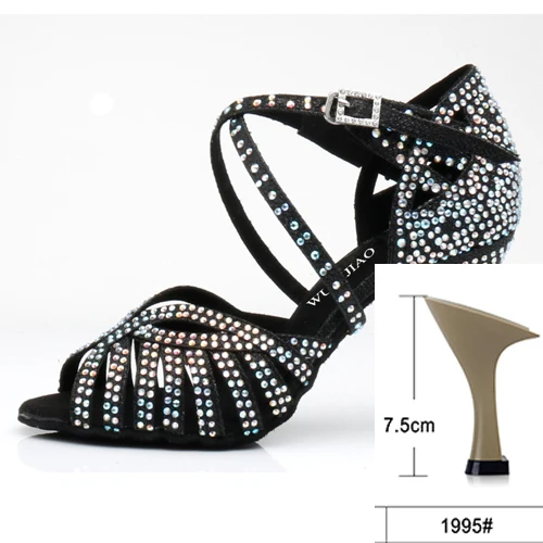 black heel 7.5cm WUXIJIAO/туфли для латинских танцев; женские туфли на высоком каблуке; черные Серебристые золотистые блестящие удобные туфли для сальсы; вечерние туфли для сальсы - Цвет: black heel 7.5cm