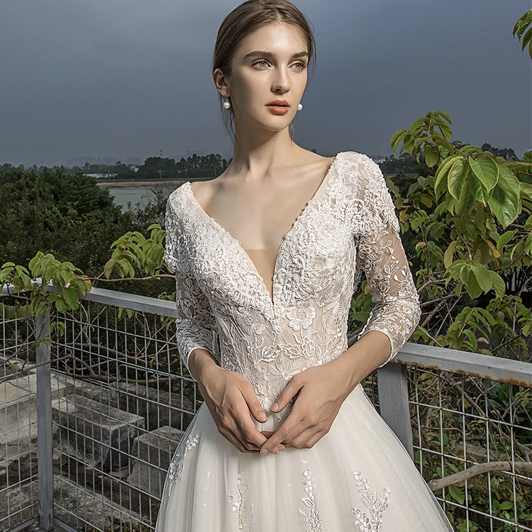 

ANGELSBRIDEP 2 STORE Элегантное платье без рисунка с V-образным вырезом три четверти сексуальные свадебные платья Королевский Тюль со шлейфом с открытой спиной Robe De Mariee