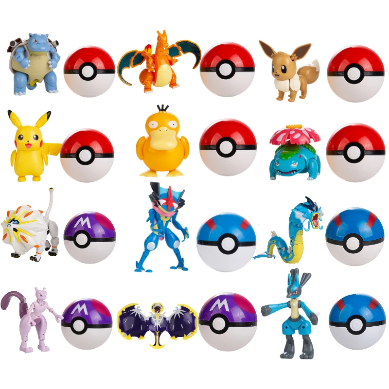 

Genuine Pokemon Gyarados Bulbasaur Charmander Pikachu Squirtle Anime Figure Dolls Model Deformation Ball Toy Box Set Twistable