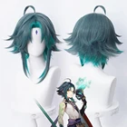 Парик для косплея Genshin Impact Xiao, темно-зеленый, короткий, прямой, термостойкий, из синтетических волос, для взрослых женщин, бесплатная шапочка-парик