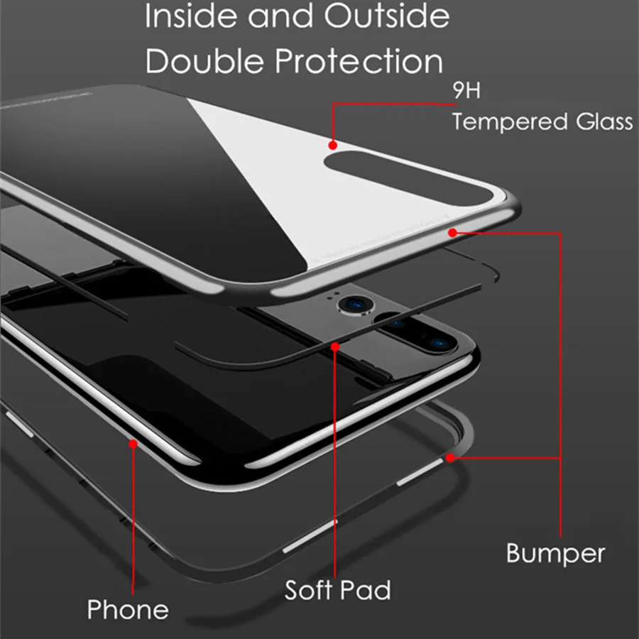 360 Полное покрытие Передняя металлическая рамка + Задняя стеклянная Магнитная