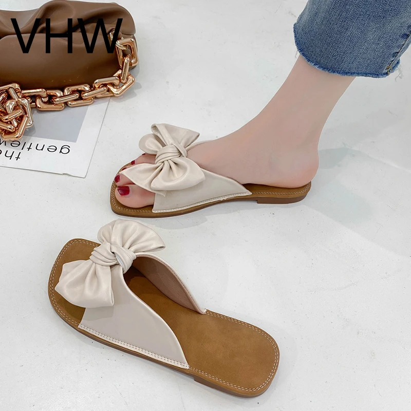 

Women Slippers 2021 Summer Square Toe Flat Casual Beach Slides Beige Leather Flip Flops New Fashion Women Big Bowknot Shoes