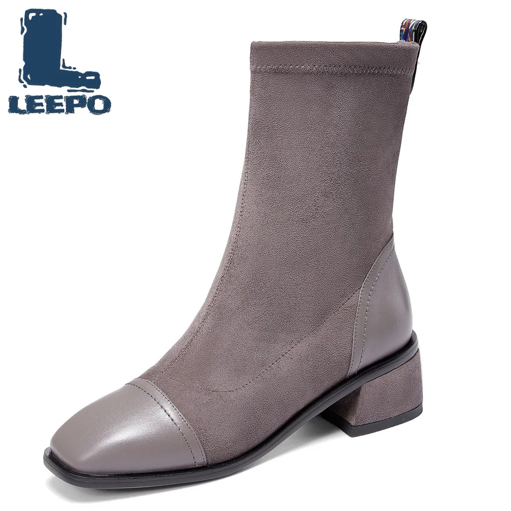 Сапоги женские до середины икры Воловья кожа эластичная ткань на среднем каблуке