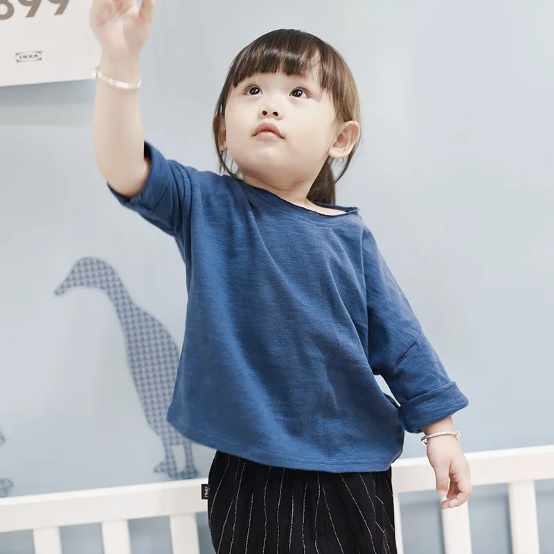 2020 весна-осень Детские хлопковые однотонные футболки с длинными рукавами для