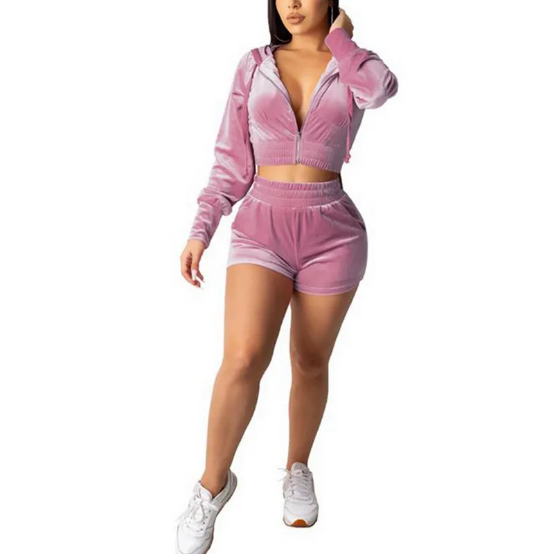 

2Pcs Womens Tracksuit Autumn Solid-Color Fleece Hooded Long-Sleeves Zipper Tight Top + High-Waist Elastic Shorts Ladies 2Pcs Set