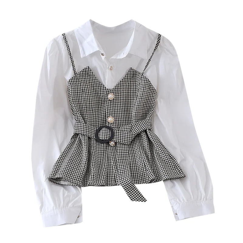 

Spring Autumn Women's Shirt Korean Striped Suspender Solid Color Long-Sleeved Blouse New Fake Two-Piece Tops LL830