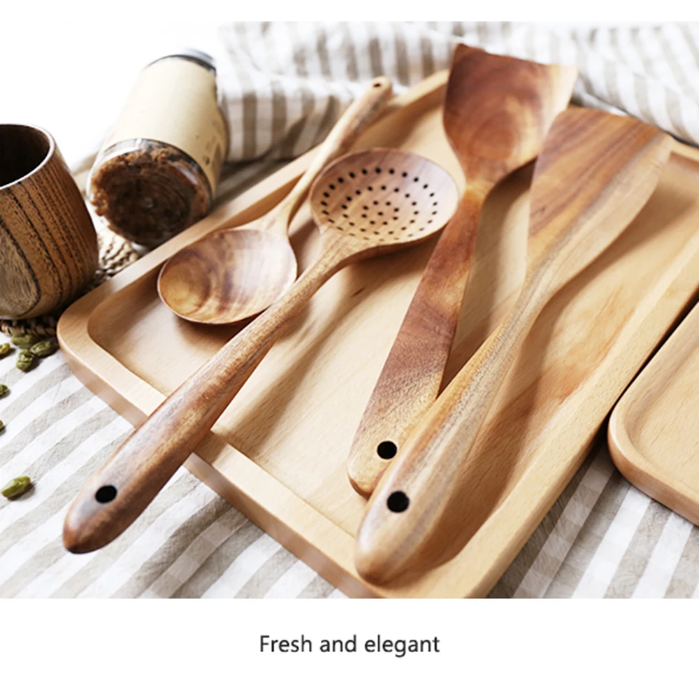 

Teak Tableware Spoon Colander Long Handle Wooden Non-Stick Special Spatula Kitchen Tool Set New Gift