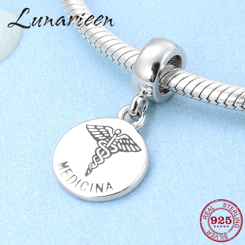 Medical sign 925 Sterling Silver MEDICINA letter fine Pendants beads Fit Original europeu Charm Bracelet Jewelry making | Украшения и