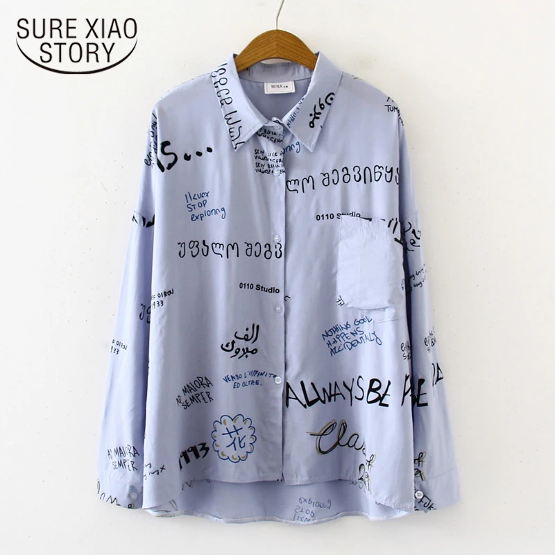 

Women Top Graffiti Print Shirts Long Sleeve Blouse Women Character Turn Down Collar Lapel Loose Cotton Blouse Shirt 7616 50