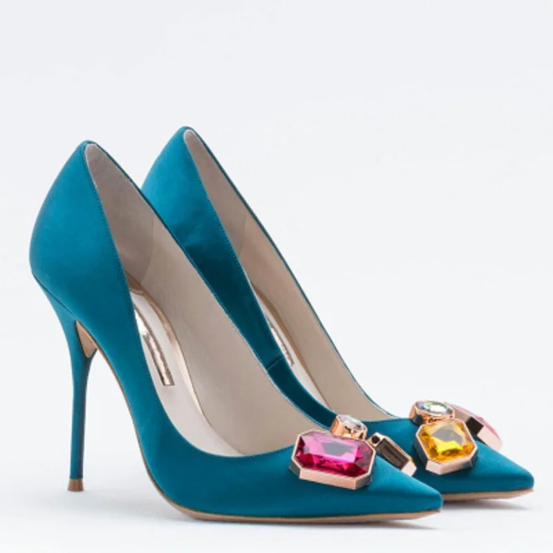 Женские атласные туфли стразы заостренные на шпильках пикантные вечерние для