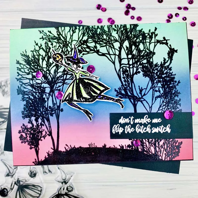 Прозрачные штампы ведьмы с тыквой для изготовления открыток своими руками