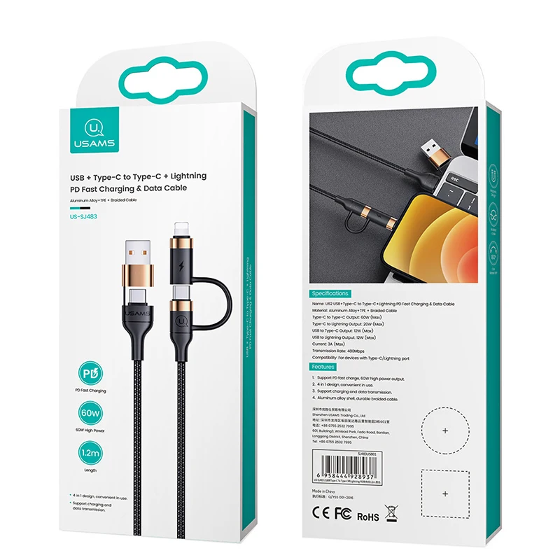 60Вт 4-в-1 Кабель для быстрой зарядки PD с двумя разъемами USB Type-C для iPhone X 11 12 Xiaomi Huawei OPPO Mobile