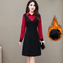 Autumn Winter Retro Liner Plus Fleece Shirt Collar Dress Women Elegant Vintage Slim Waist Party Dress Vestidos (3)