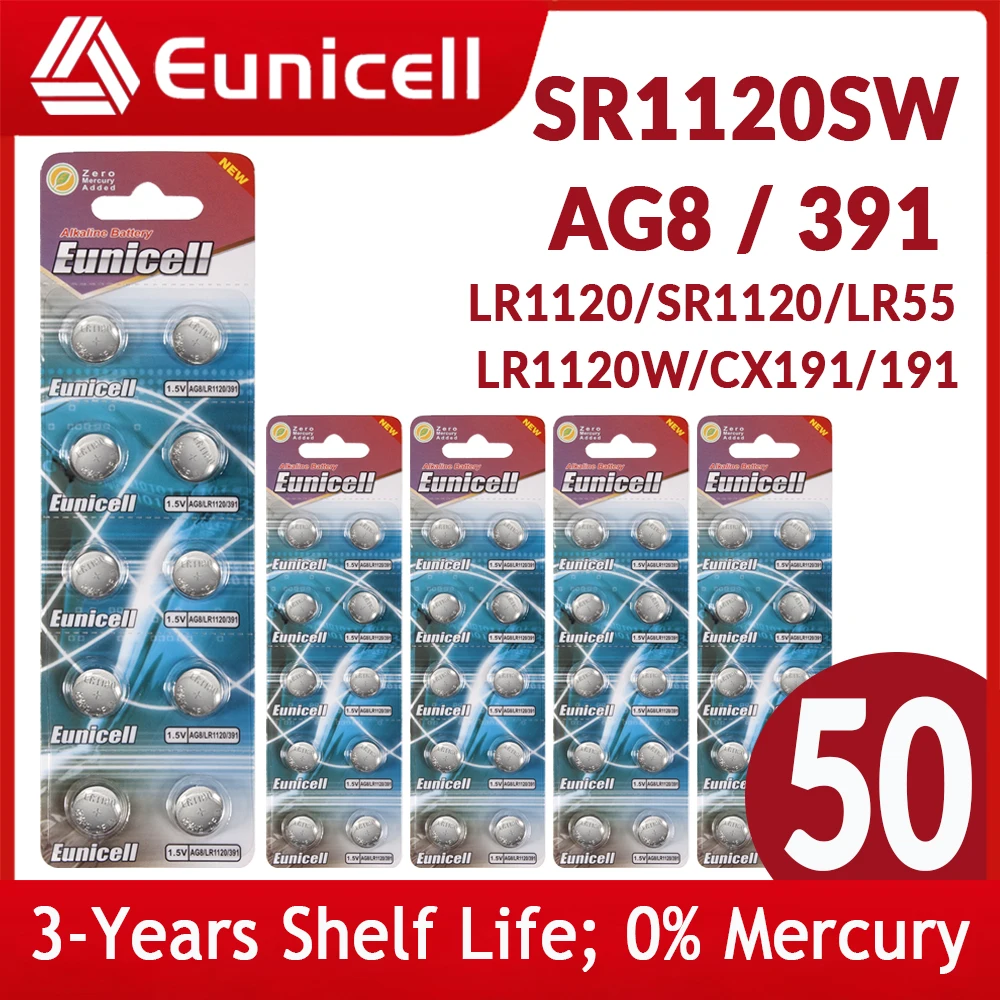 

Eunicell 50pcs LR1120 AG8 391 1.5V Batteries SR1120SW SR1120 LR1120W LR55 CX191 191 50mAh Alkaline Cell Coin Button Batteries