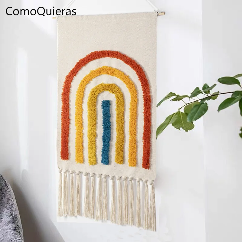 

Скандинавский хлопковый льняной гобелен, украшение для стен в гостиной, современный минималистичный домашний декор, макраме с кисточками