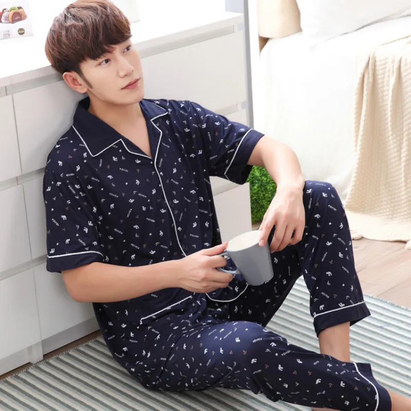 Мужская Хлопковая пижама синяя Домашняя одежда летняя Пижама темно-синие брюки с