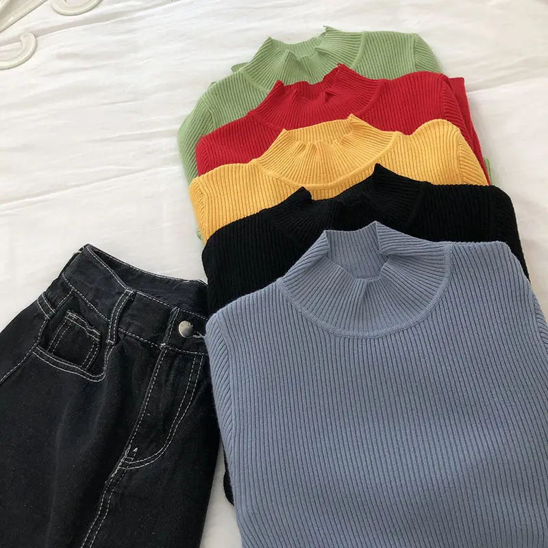 

Female Winter Elegant Knitting Sweater Pullovers Woman's Long Sleeve Half Turtleneck Chic Casual Streetwear Stretch Jumper Tops