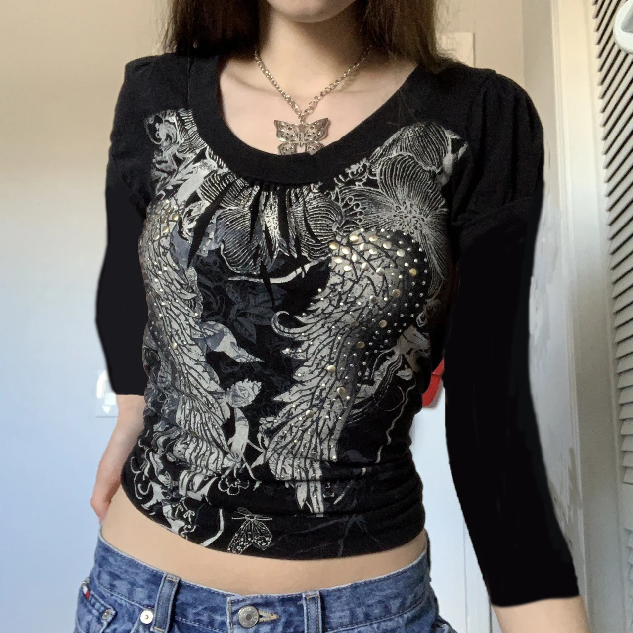 

2022 New Women Vintage Crop Tops Ladies Girls Casual Wing Pattern Long Sleeve Round Neck T-shirt Fashion Vintage Outfits