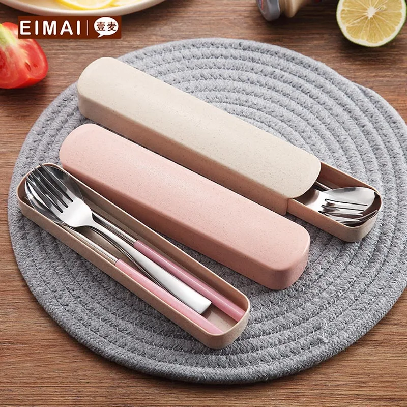 Portable Tableware Set Stainless Steel Dinnerware With Wheat Straw Handle Chopsticks Spoon Fork Travel Dinner A3 | Дом и сад